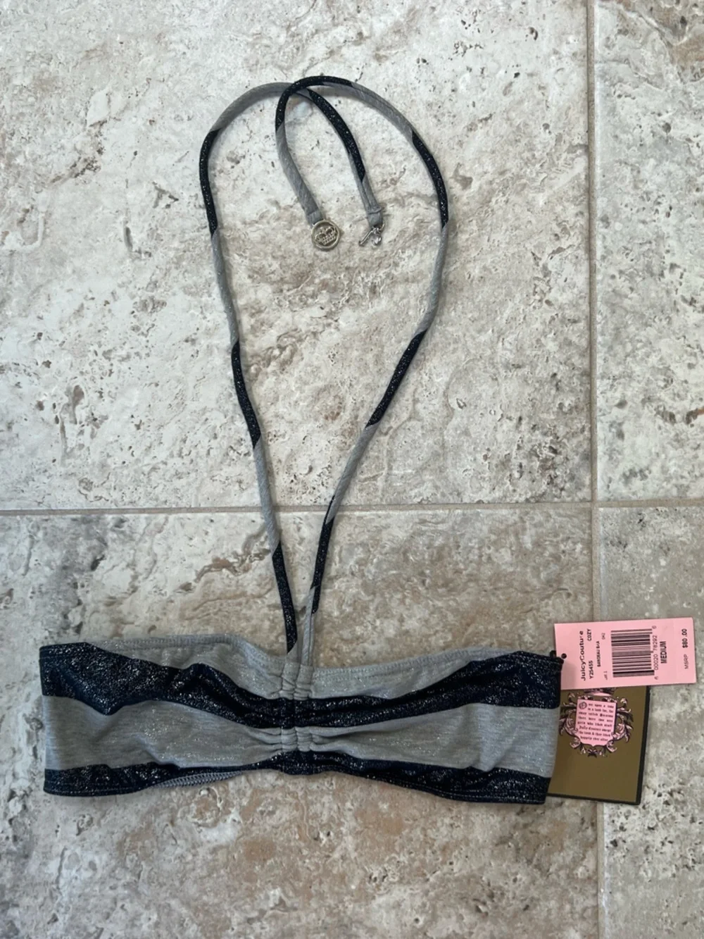Juicy Couture NWT Grey and Metallic Shimmery Black Striped Bandeau Bra, size M